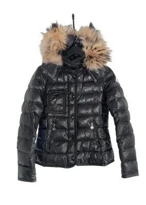 Moncler Black Armoise Shiny Down Fur Trim Coat