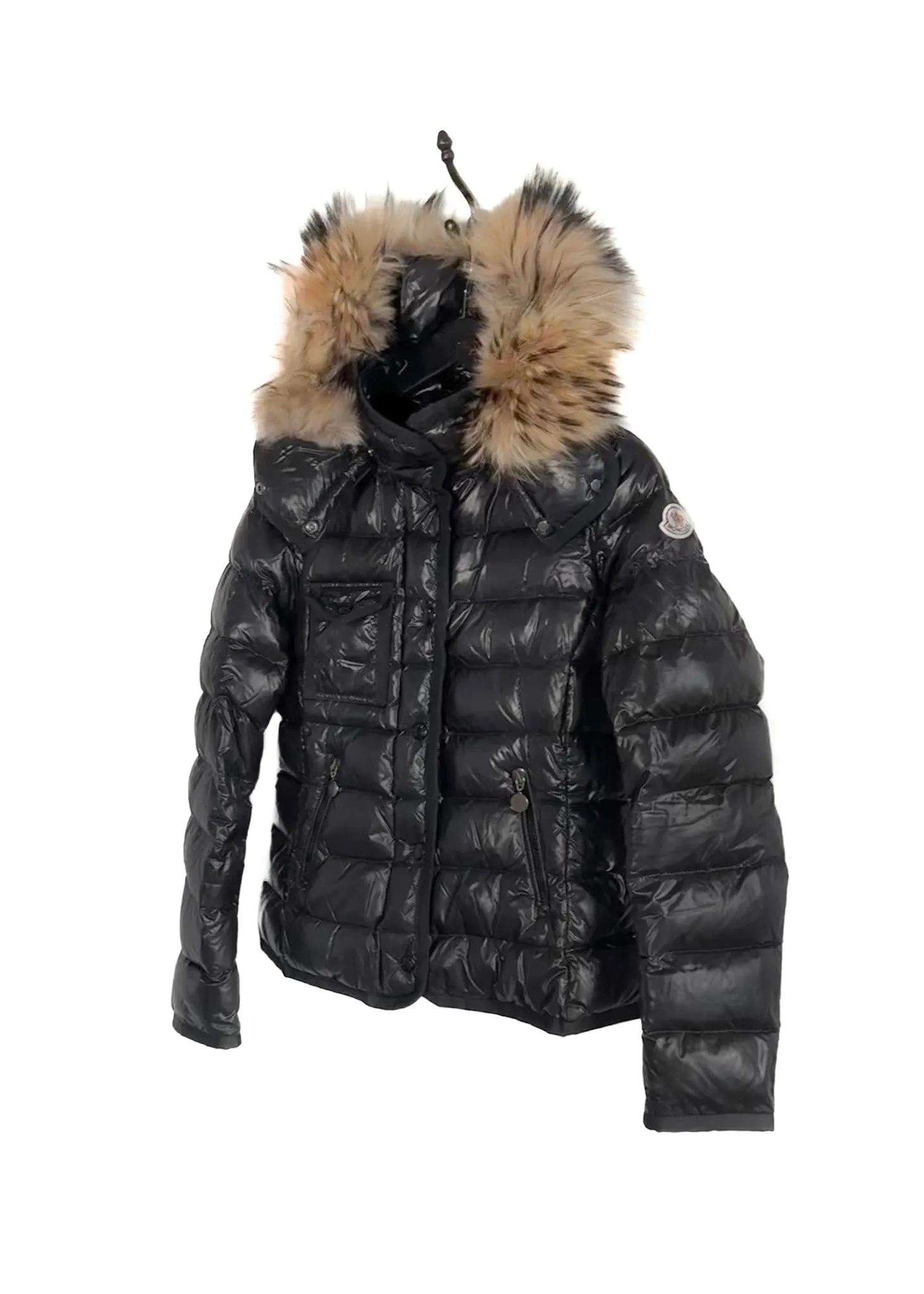 Moncler Black Armoise Shiny Down Fur Trim Coat
