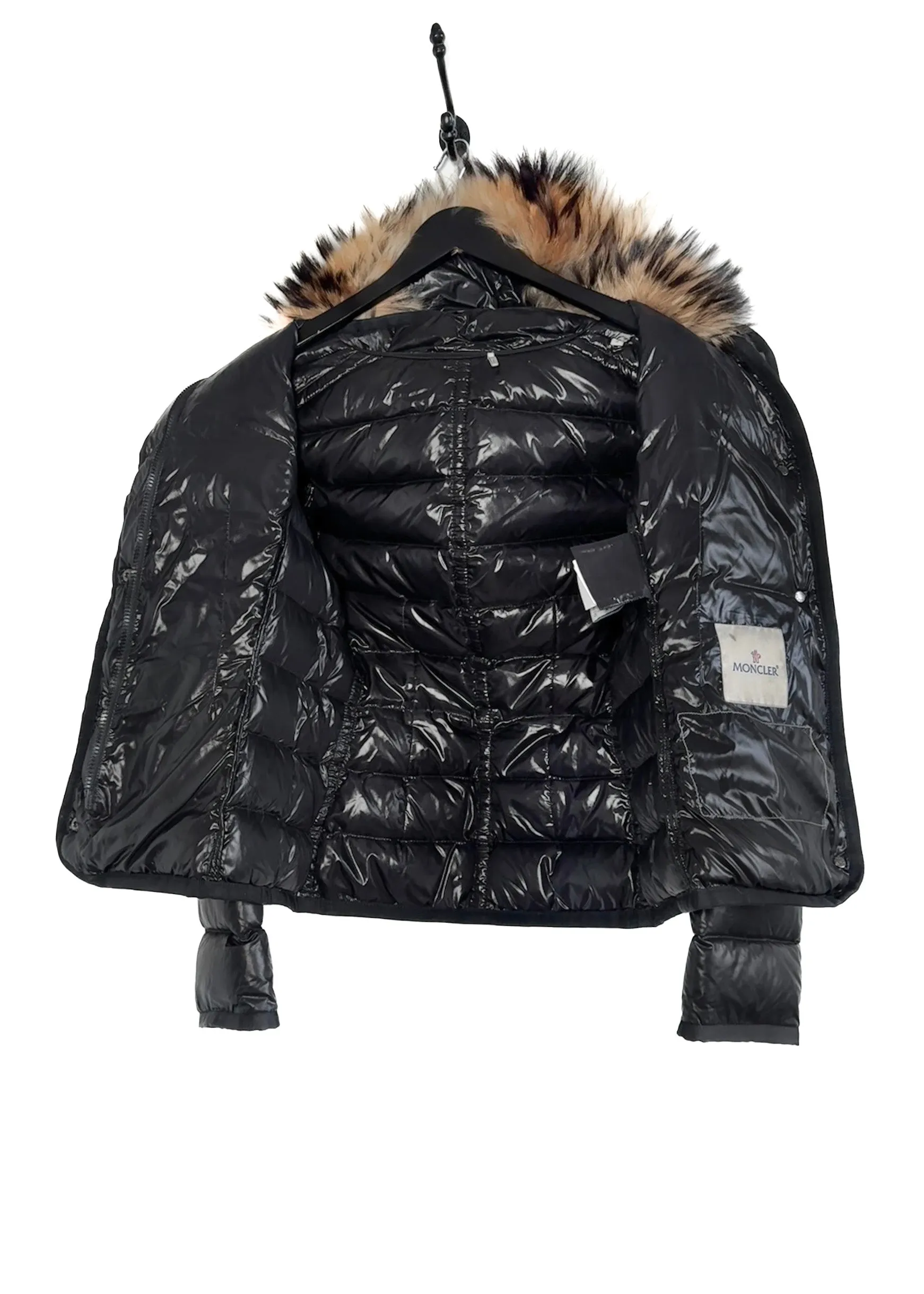 Moncler Black Armoise Shiny Down Fur Trim Coat