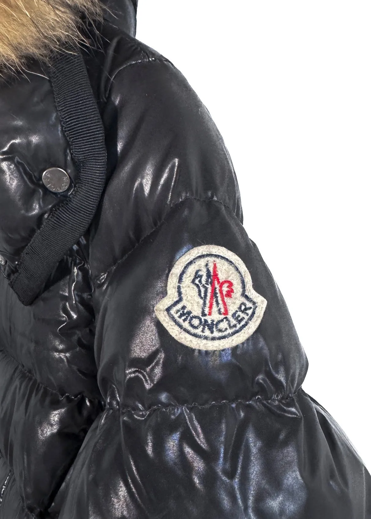 Moncler Black Armoise Shiny Down Fur Trim Coat