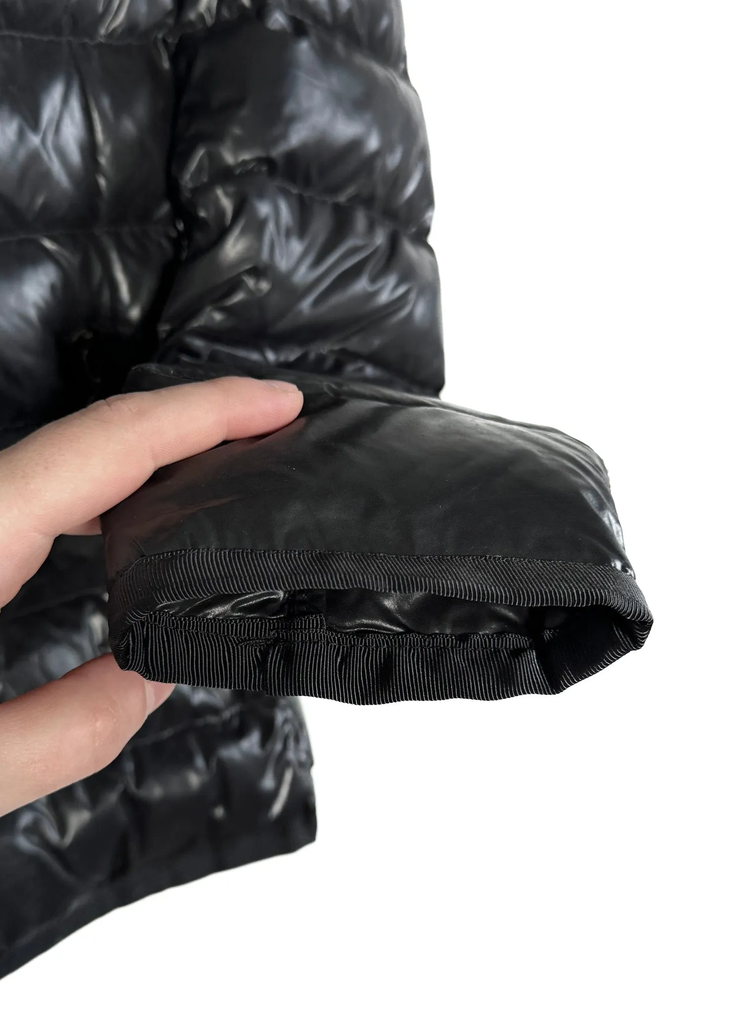 Moncler Black Armoise Shiny Down Fur Trim Coat