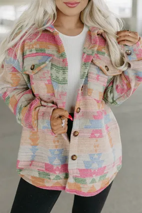 Multicolor Western Aztec Print Button Flap Pocket Shacket
