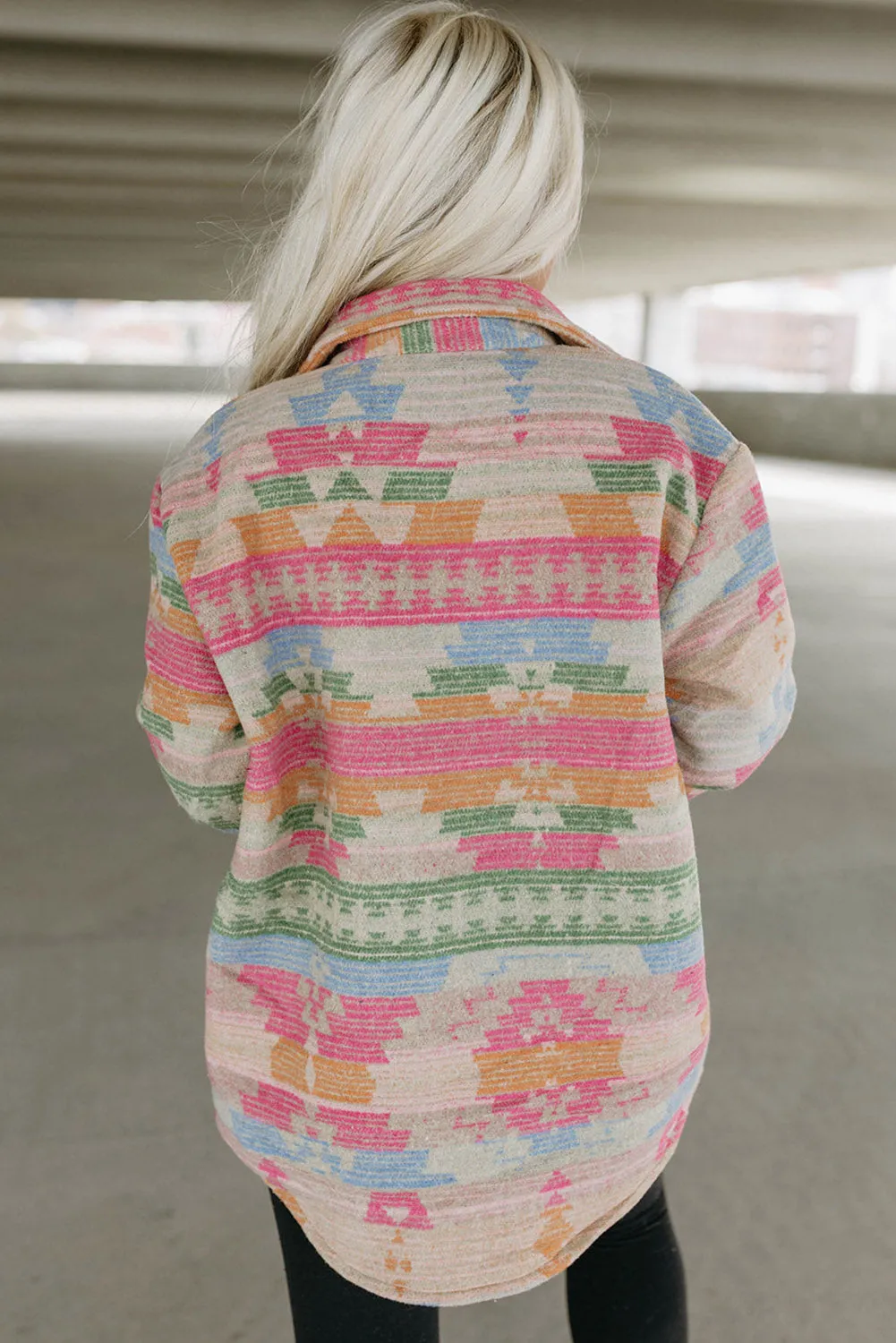 Multicolor Western Aztec Print Button Flap Pocket Shacket