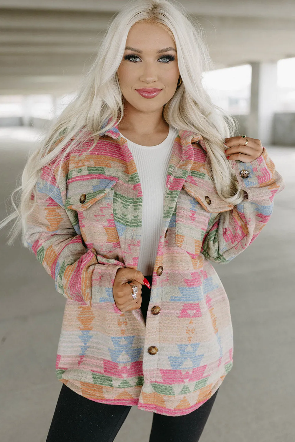Multicolor Western Aztec Print Button Flap Pocket Shacket