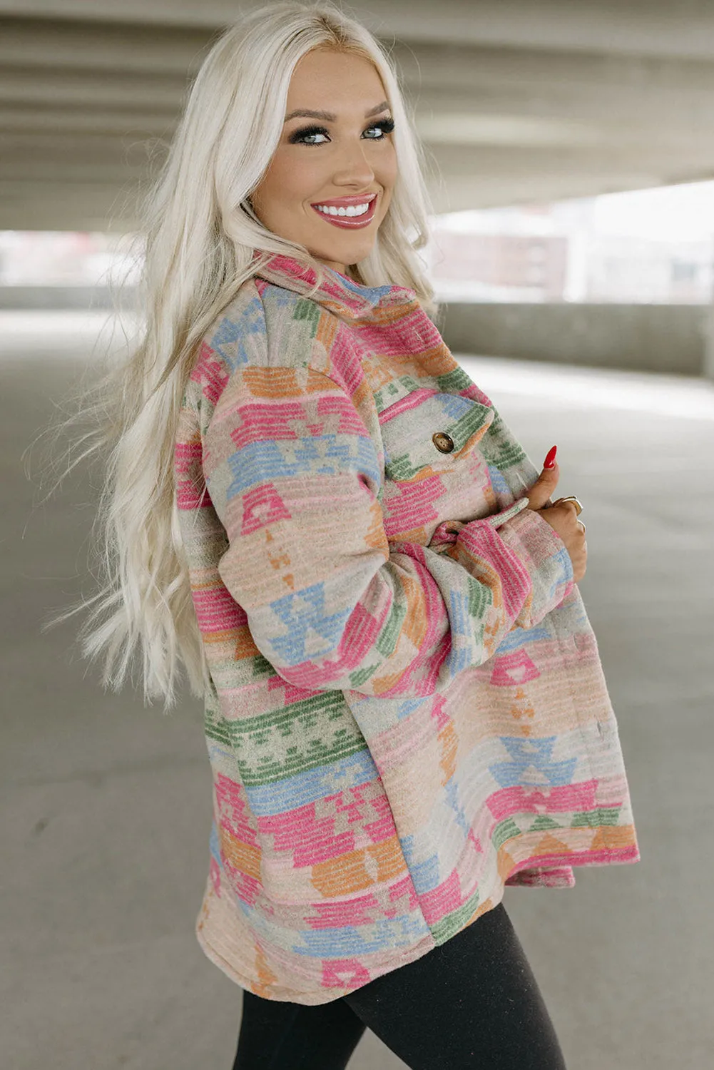 Multicolor Western Aztec Print Button Flap Pocket Shacket