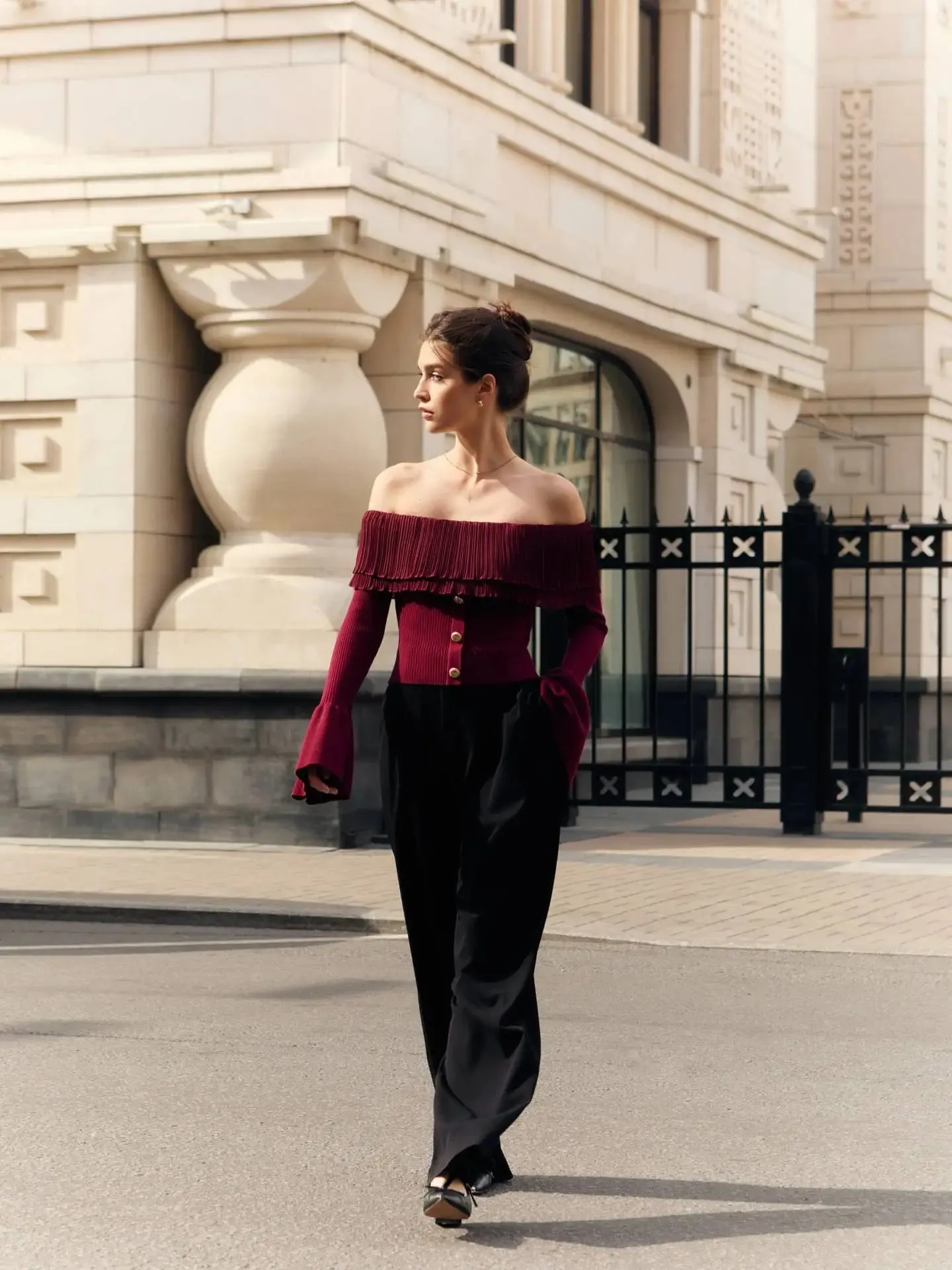Off-Shoulder Knitted Flare Sleeve Top