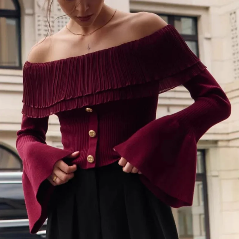 Off-Shoulder Knitted Flare Sleeve Top