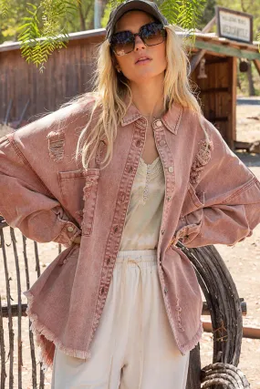 ONLINE EXCLUSIVE POL Button Down Raw Hem Distressed Shacket