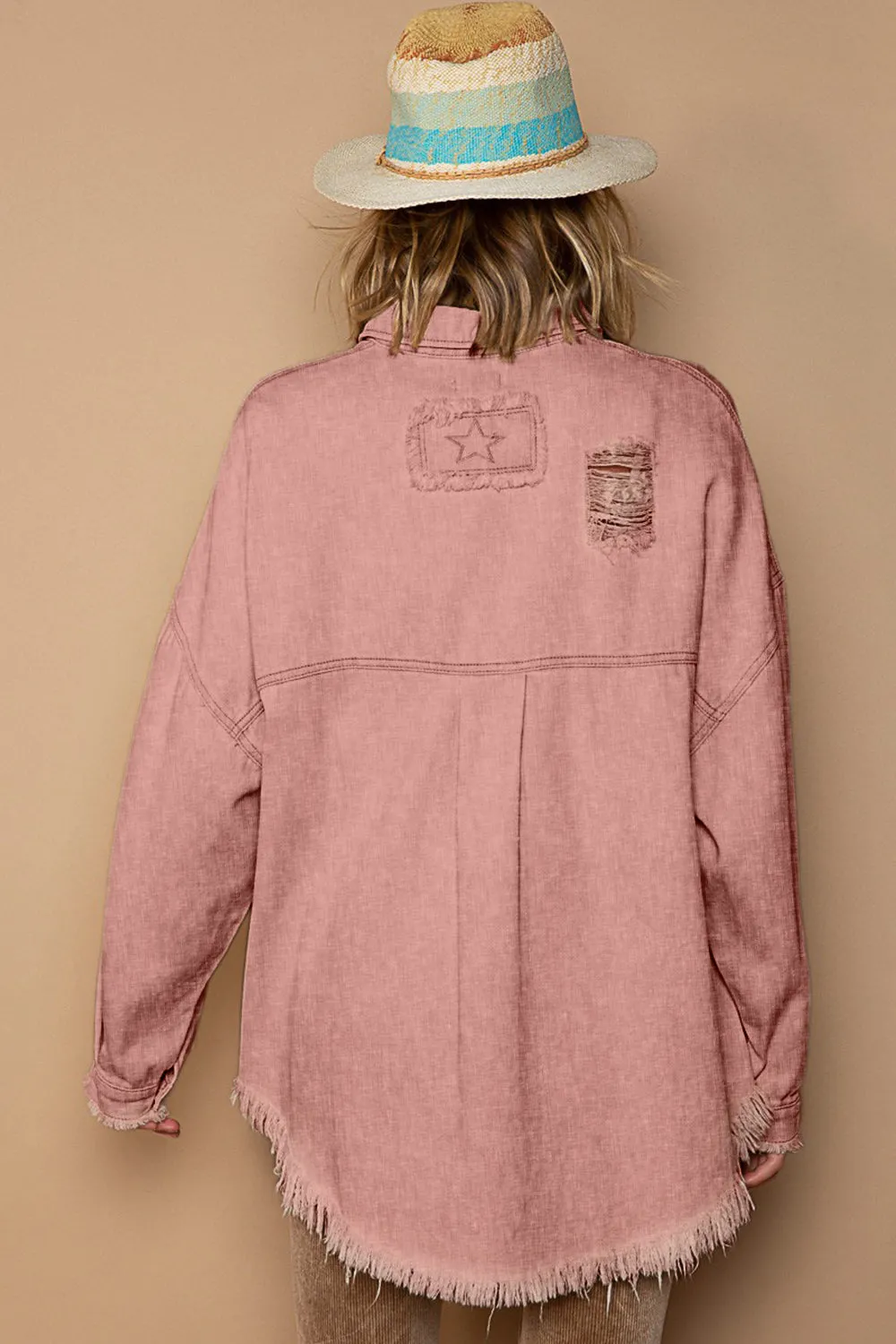 ONLINE EXCLUSIVE POL Button Down Raw Hem Distressed Shacket