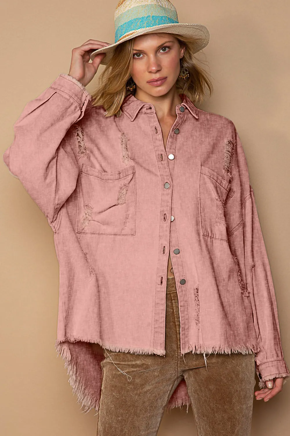 ONLINE EXCLUSIVE POL Button Down Raw Hem Distressed Shacket