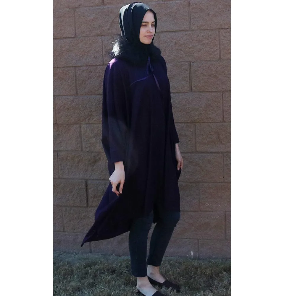 Puane Wool Touch Poncho Coat with Fur 3113 Purple