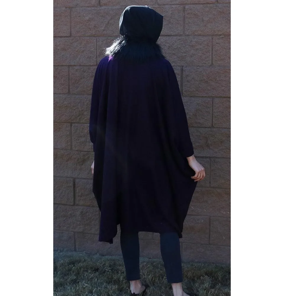 Puane Wool Touch Poncho Coat with Fur 3113 Purple