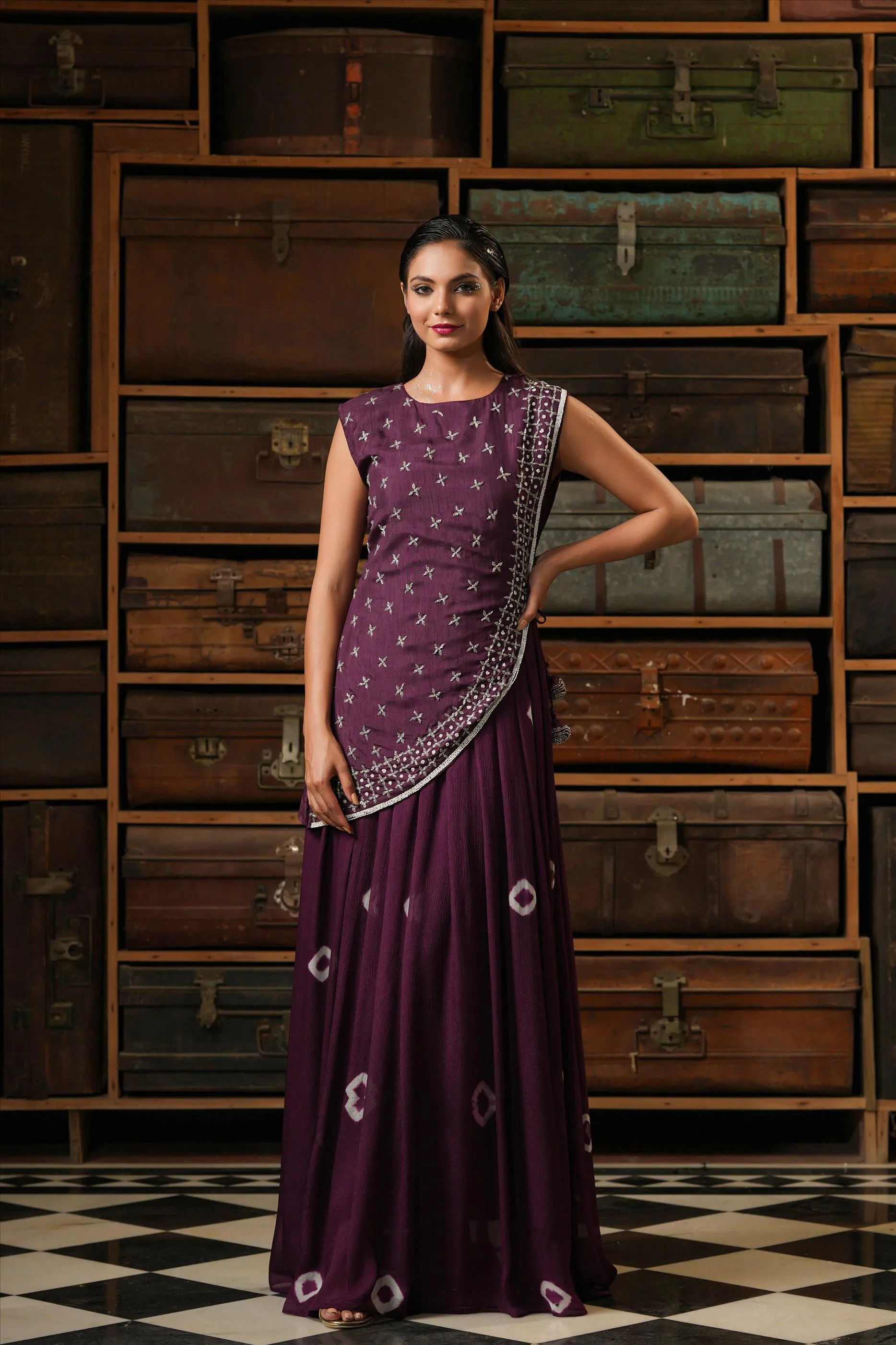 Purple Chinon Silk Shibori Anarkali Ethnic Dress With Dola Silk Handwork Stylised Cape