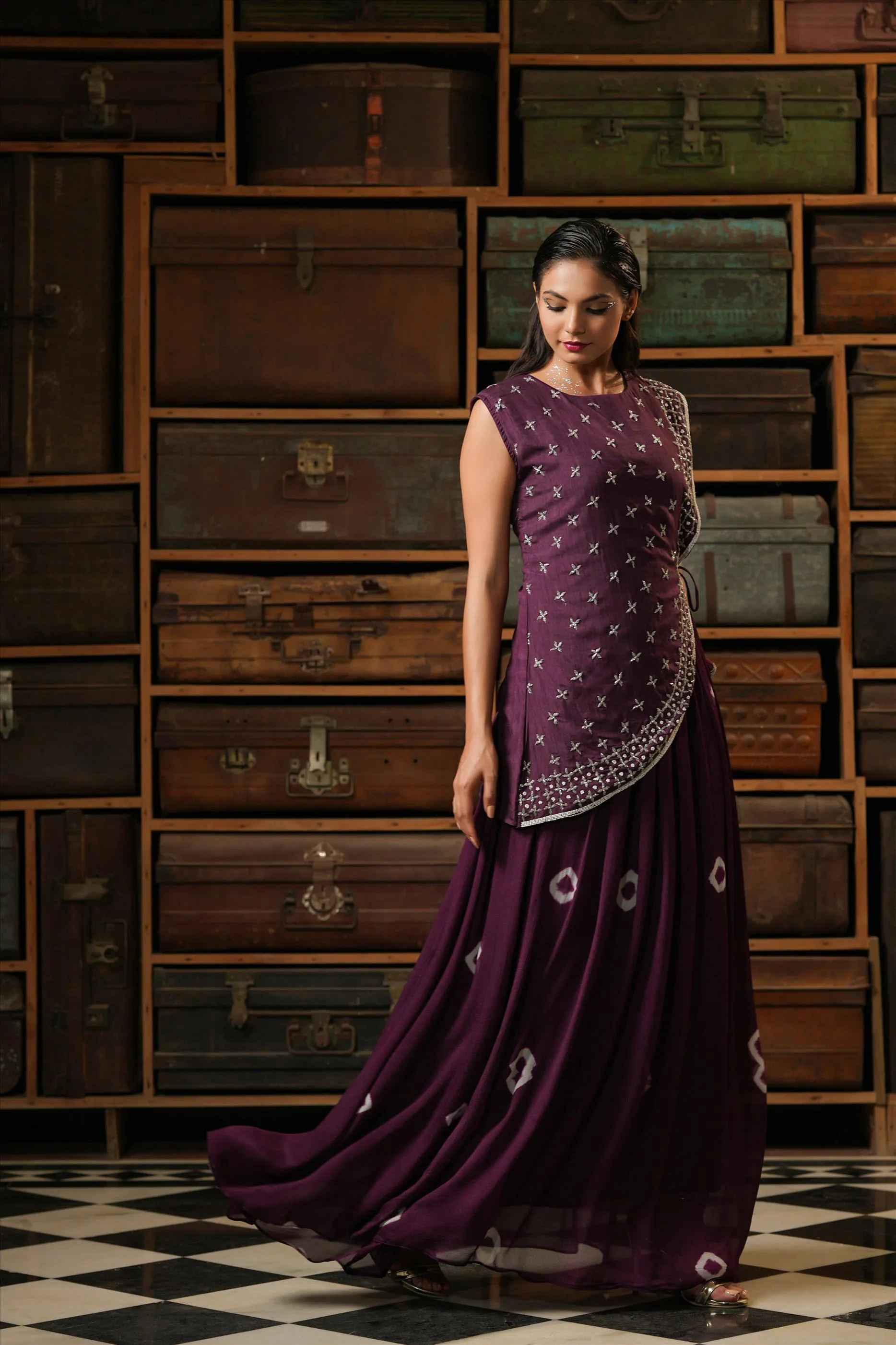 Purple Chinon Silk Shibori Anarkali Ethnic Dress With Dola Silk Handwork Stylised Cape