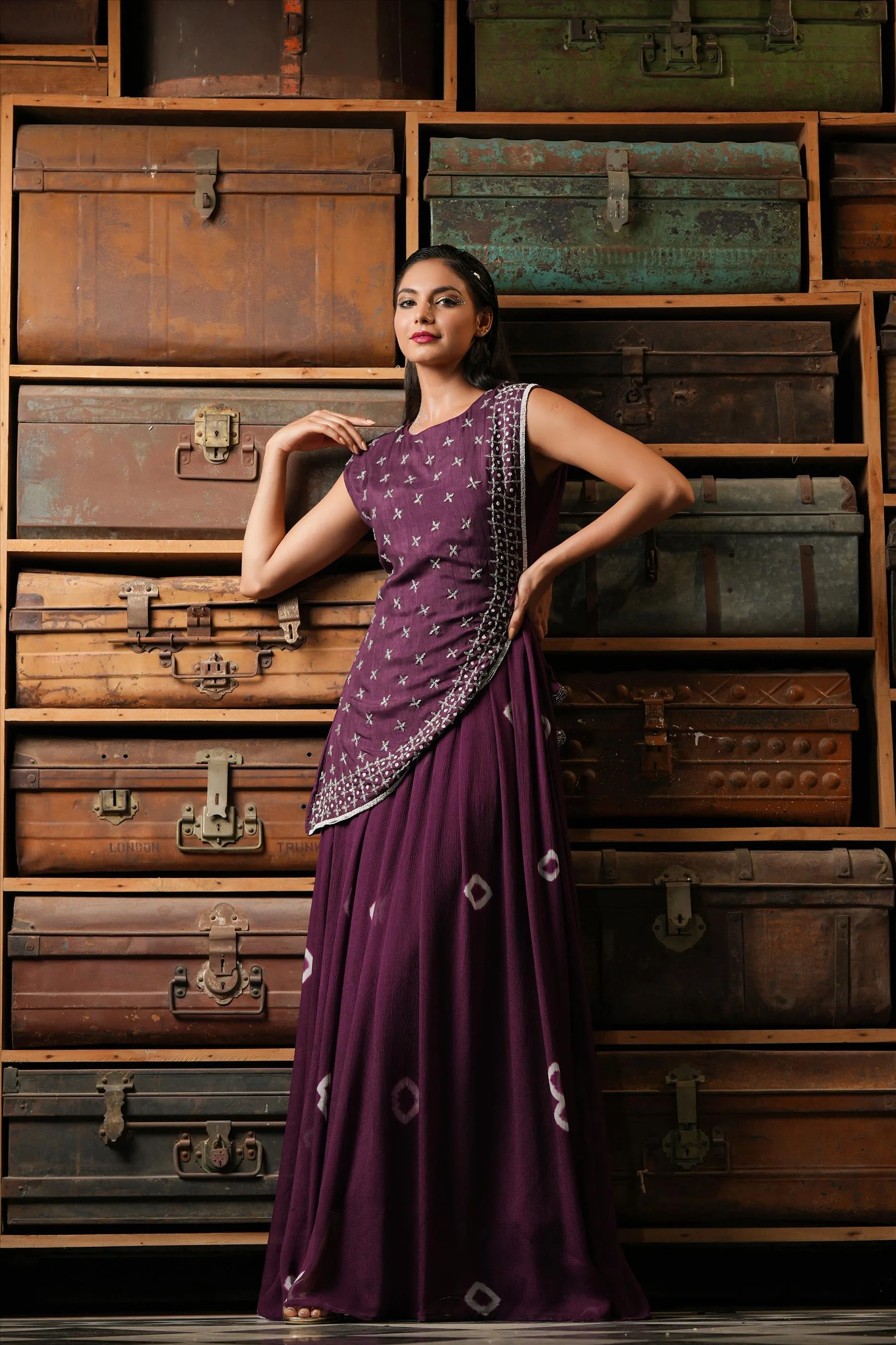 Purple Chinon Silk Shibori Anarkali Ethnic Dress With Dola Silk Handwork Stylised Cape