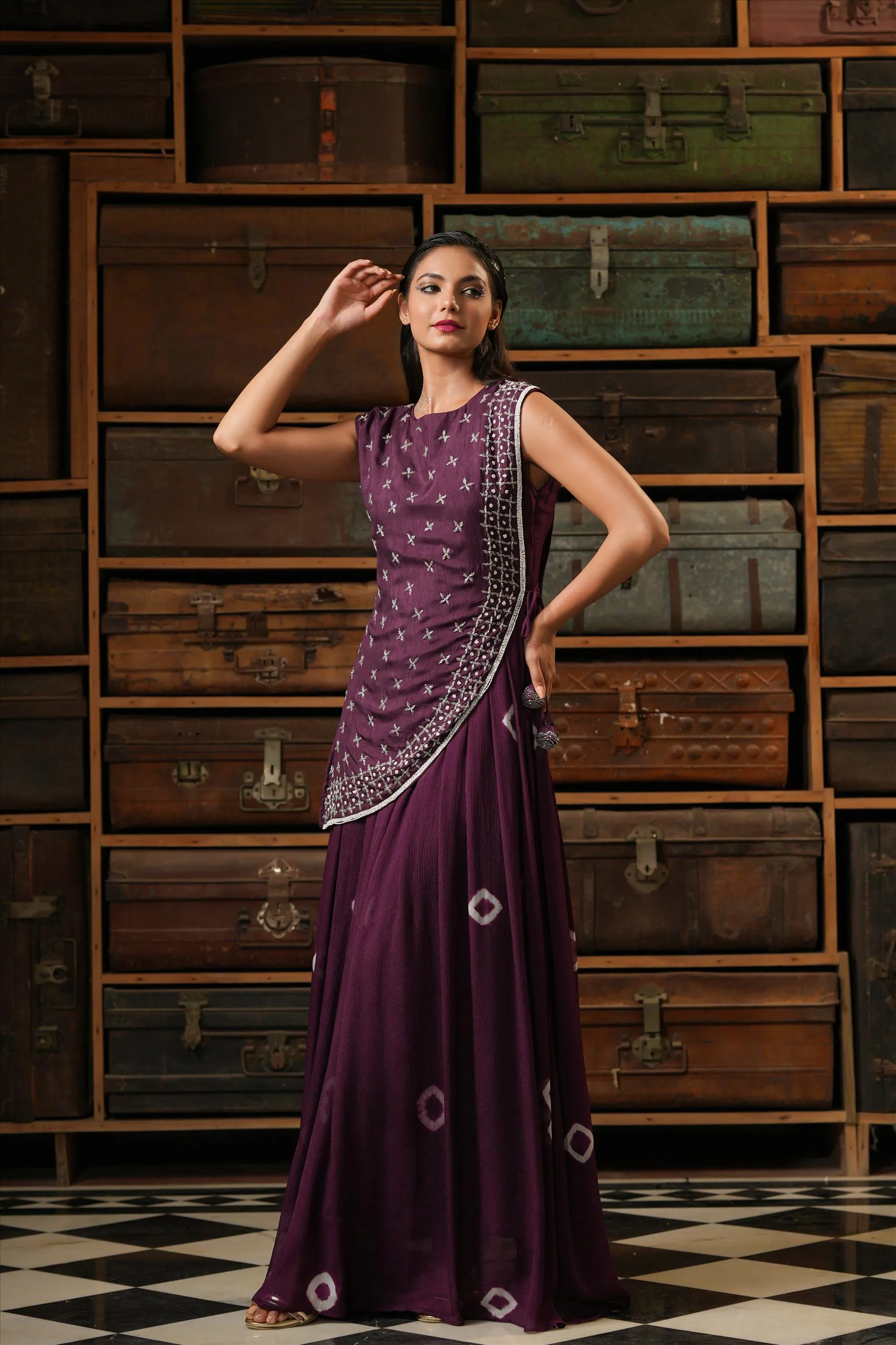 Purple Chinon Silk Shibori Anarkali Ethnic Dress With Dola Silk Handwork Stylised Cape