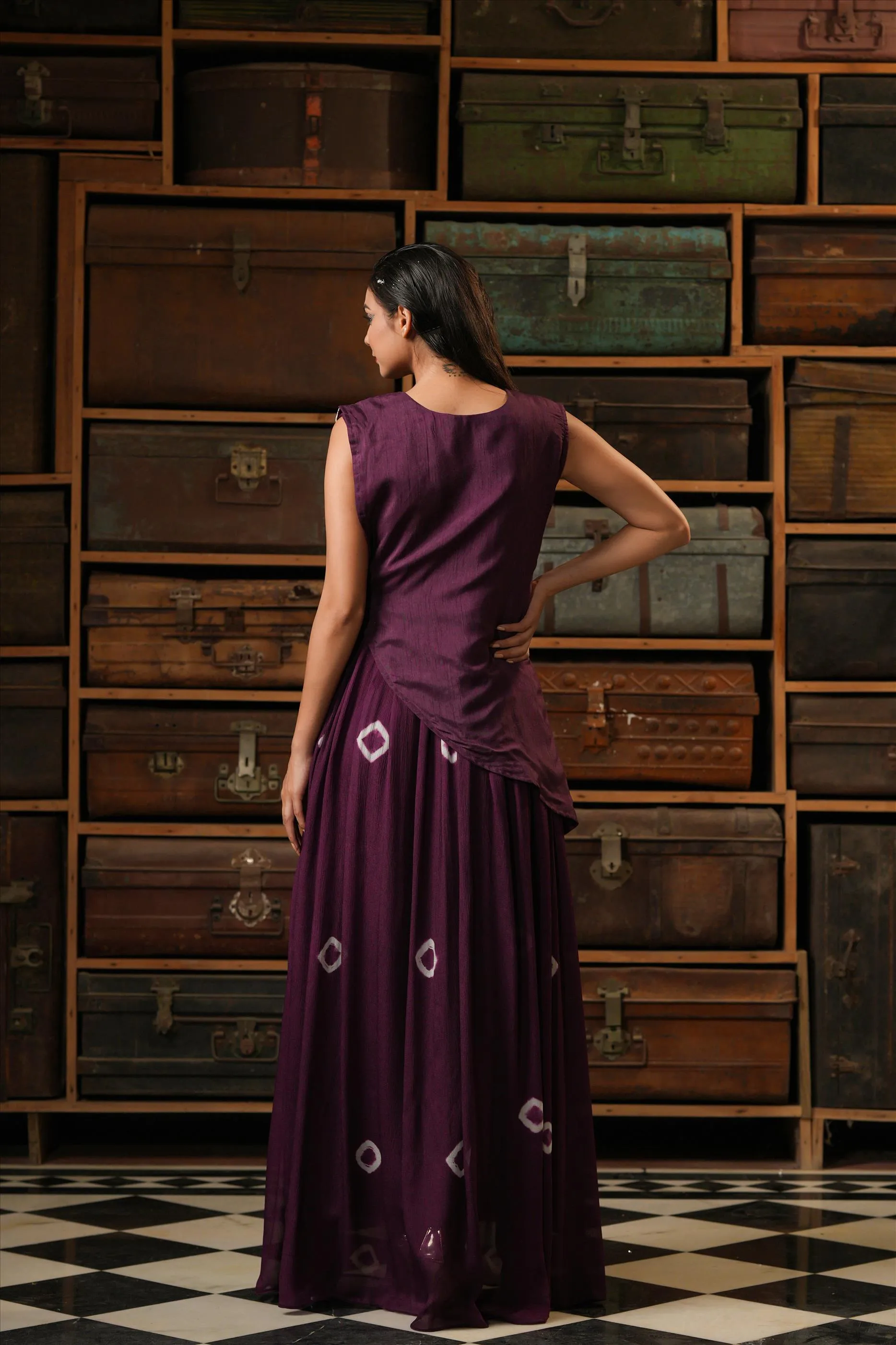 Purple Chinon Silk Shibori Anarkali Ethnic Dress With Dola Silk Handwork Stylised Cape