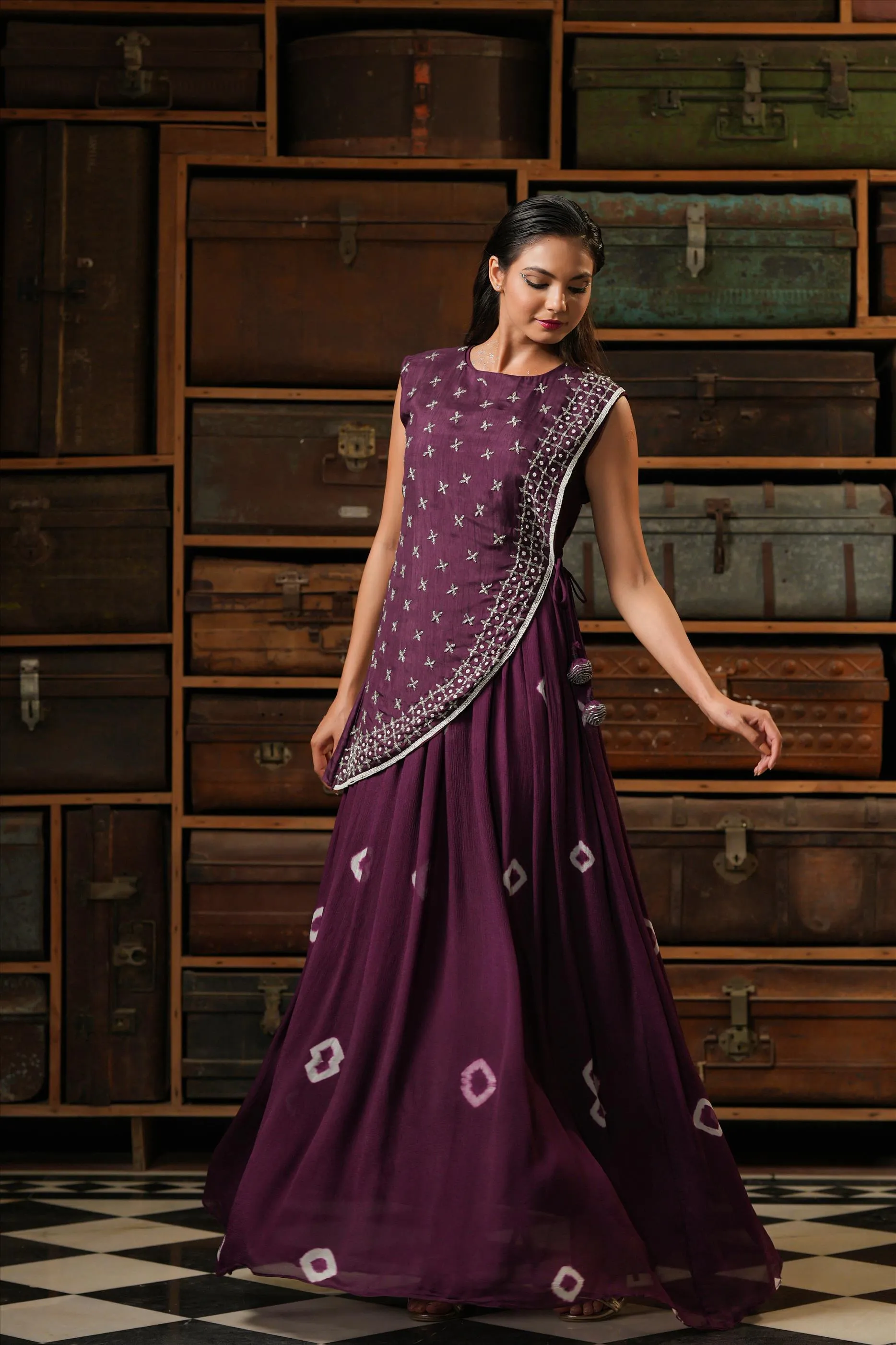 Purple Chinon Silk Shibori Anarkali Ethnic Dress With Dola Silk Handwork Stylised Cape