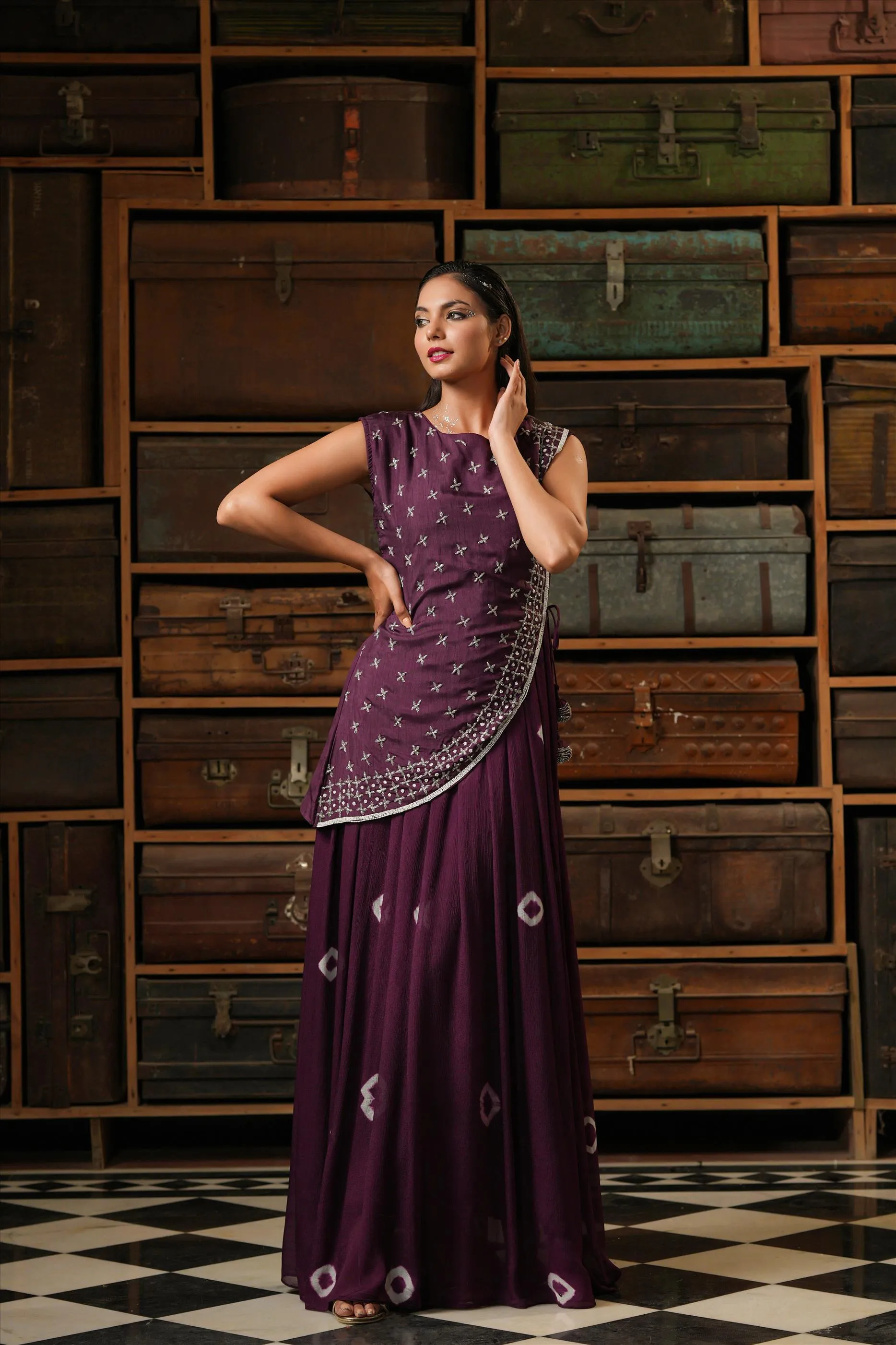 Purple Chinon Silk Shibori Anarkali Ethnic Dress With Dola Silk Handwork Stylised Cape