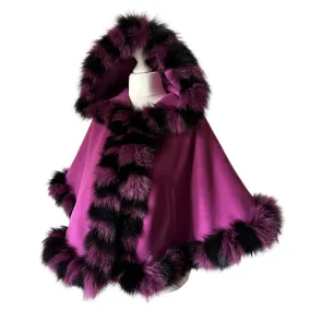 Purple Women Winter Coat Cape Trim Fox Fur, Women's Poncho Jacket lined, Short Women's coat with a hood