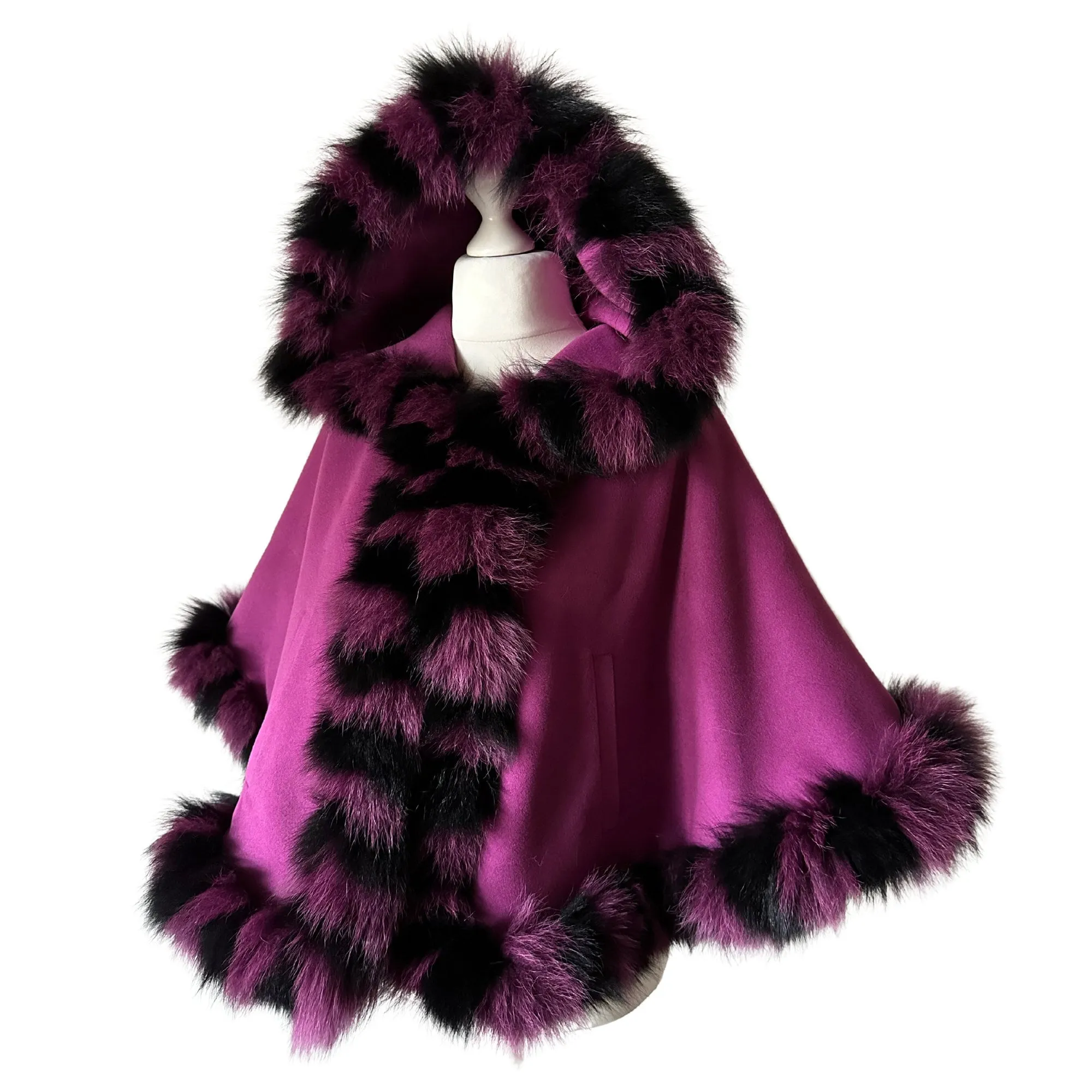 Purple Women Winter Coat Cape Trim Fox Fur, Women's Poncho Jacket lined, Short Women's coat with a hood