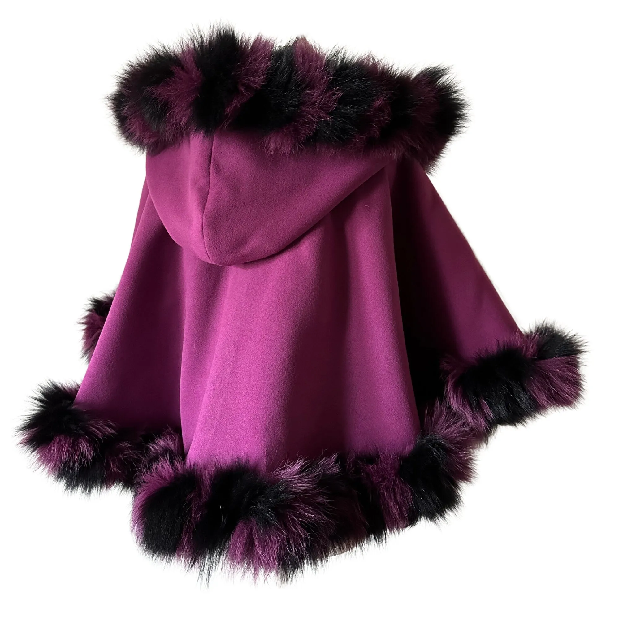 Purple Women Winter Coat Cape Trim Fox Fur, Women's Poncho Jacket lined, Short Women's coat with a hood