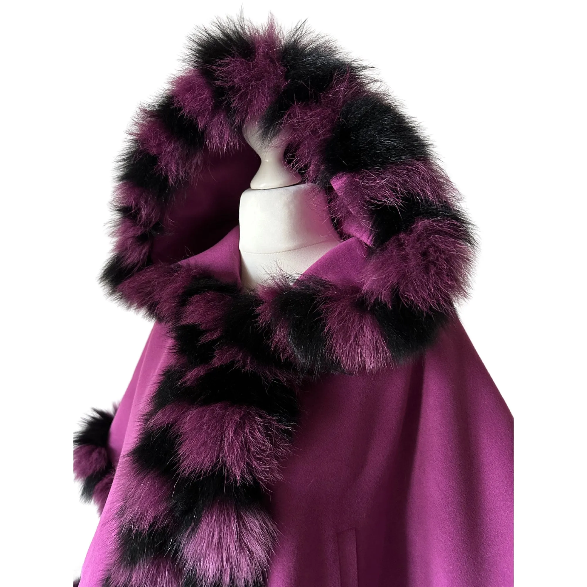 Purple Women Winter Coat Cape Trim Fox Fur, Women's Poncho Jacket lined, Short Women's coat with a hood