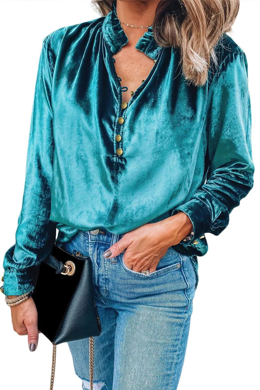 Rira Velvet Top - Elegant Frilled Neck Design for Your Wardrobe