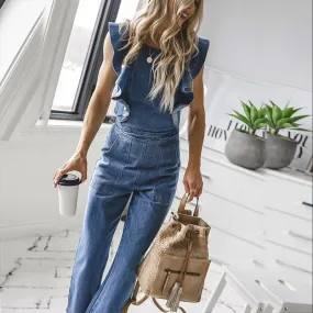 Shila Ruffle Sleeve Backless Denim Jumpsuit