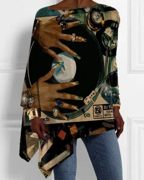 Simple Black Vintage Record Oil Print Irregular Top