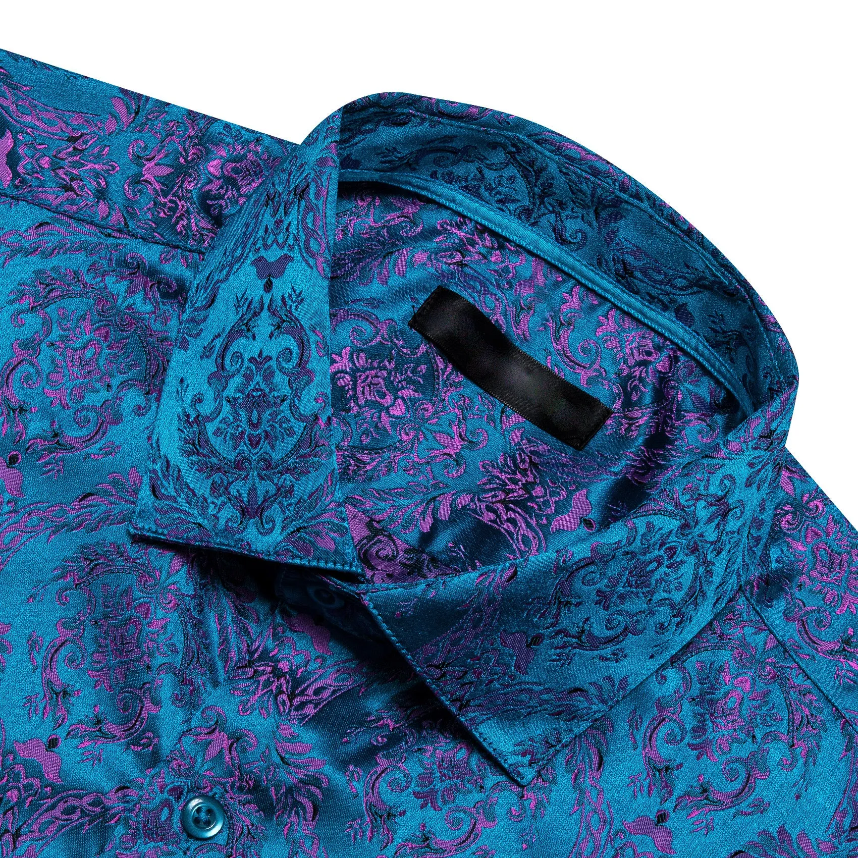 Sky Blue Pink Paisley Silk Men's Long Sleeve Shirt