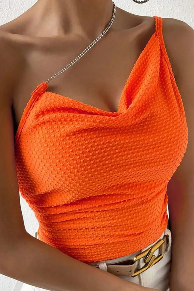 Solid One Shoulder Chain Strap Backless Top