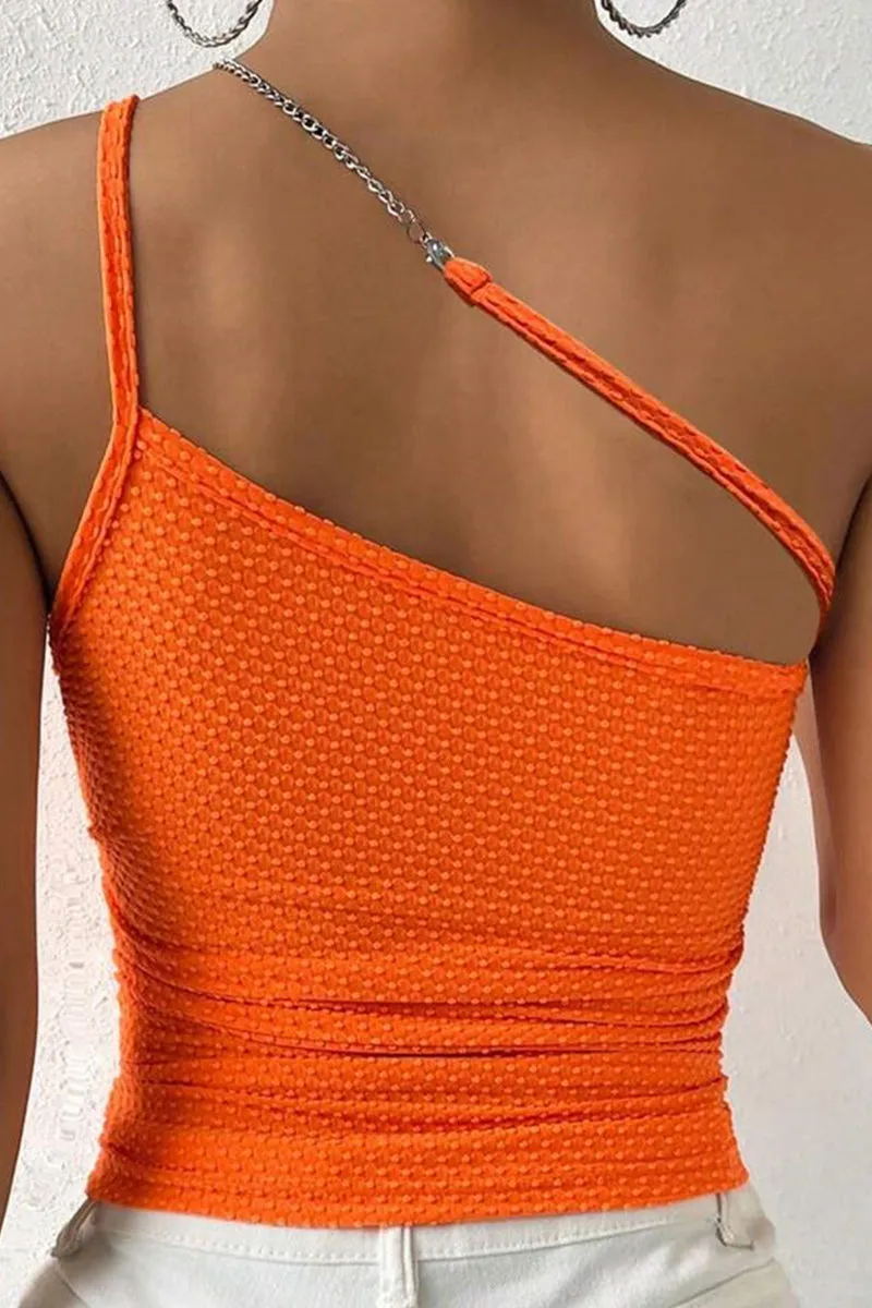 Solid One Shoulder Chain Strap Backless Top