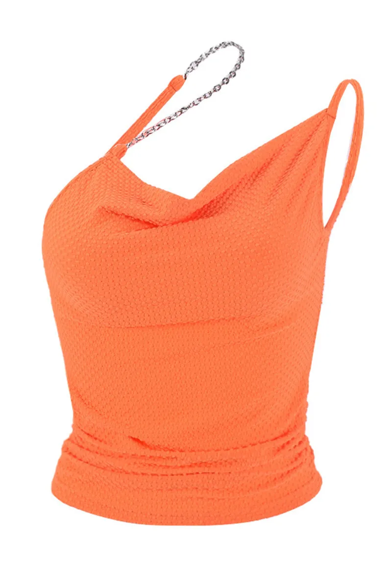 Solid One Shoulder Chain Strap Backless Top