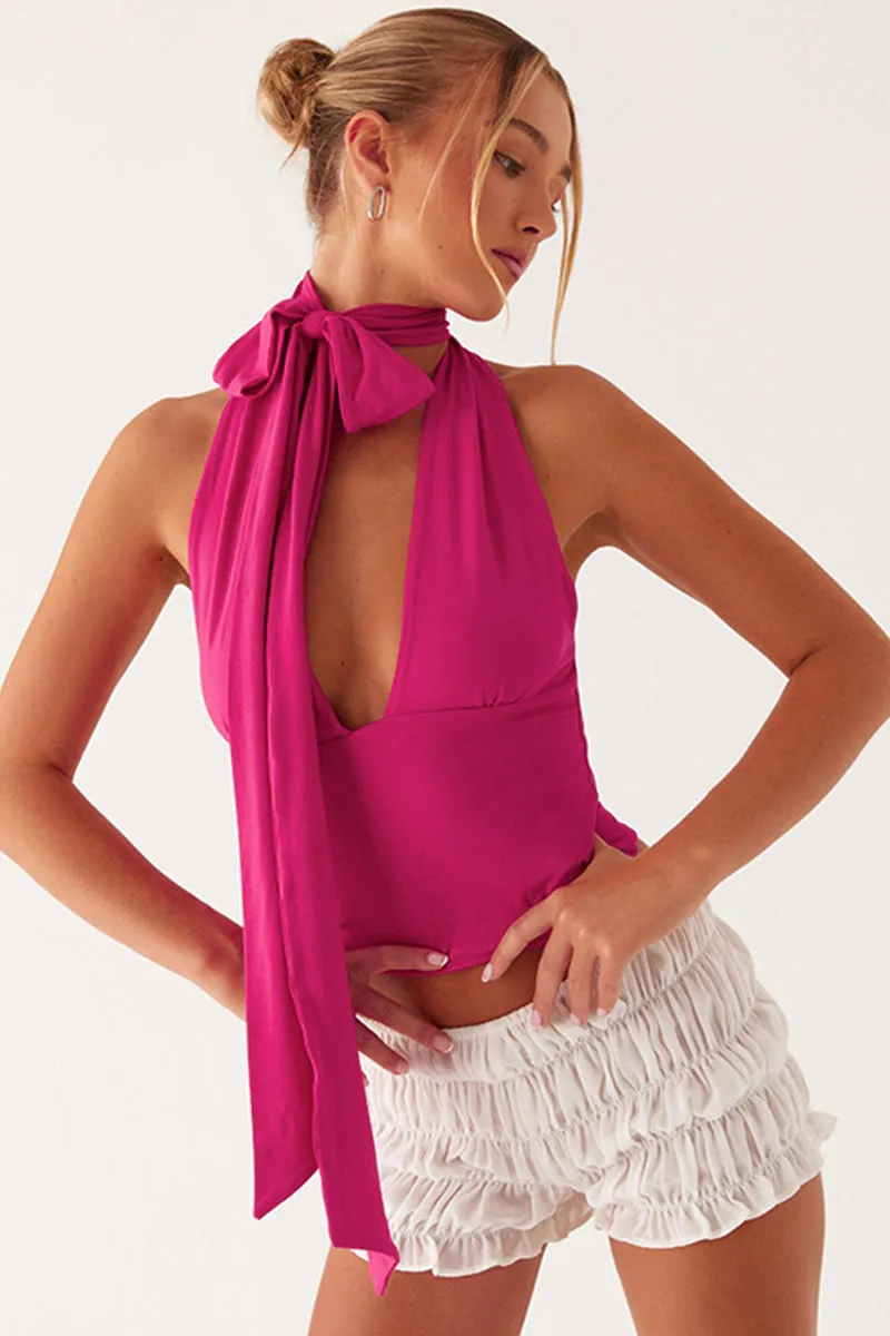 Solid Scarf Halter Neck Backless Top