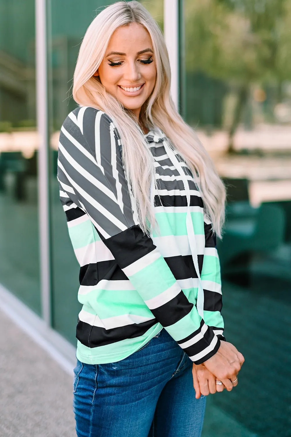 Striped Long Sleeve T Shirt With Hoodie