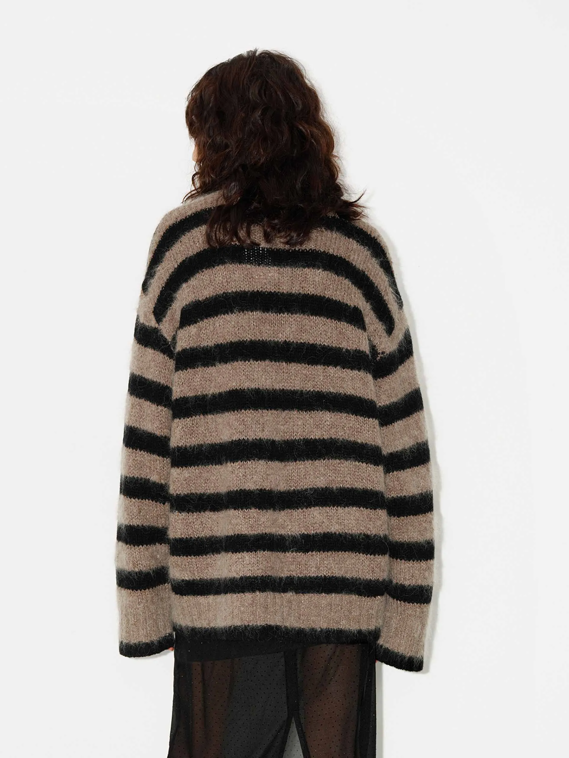 Striped V-neck Fluffy Sweater