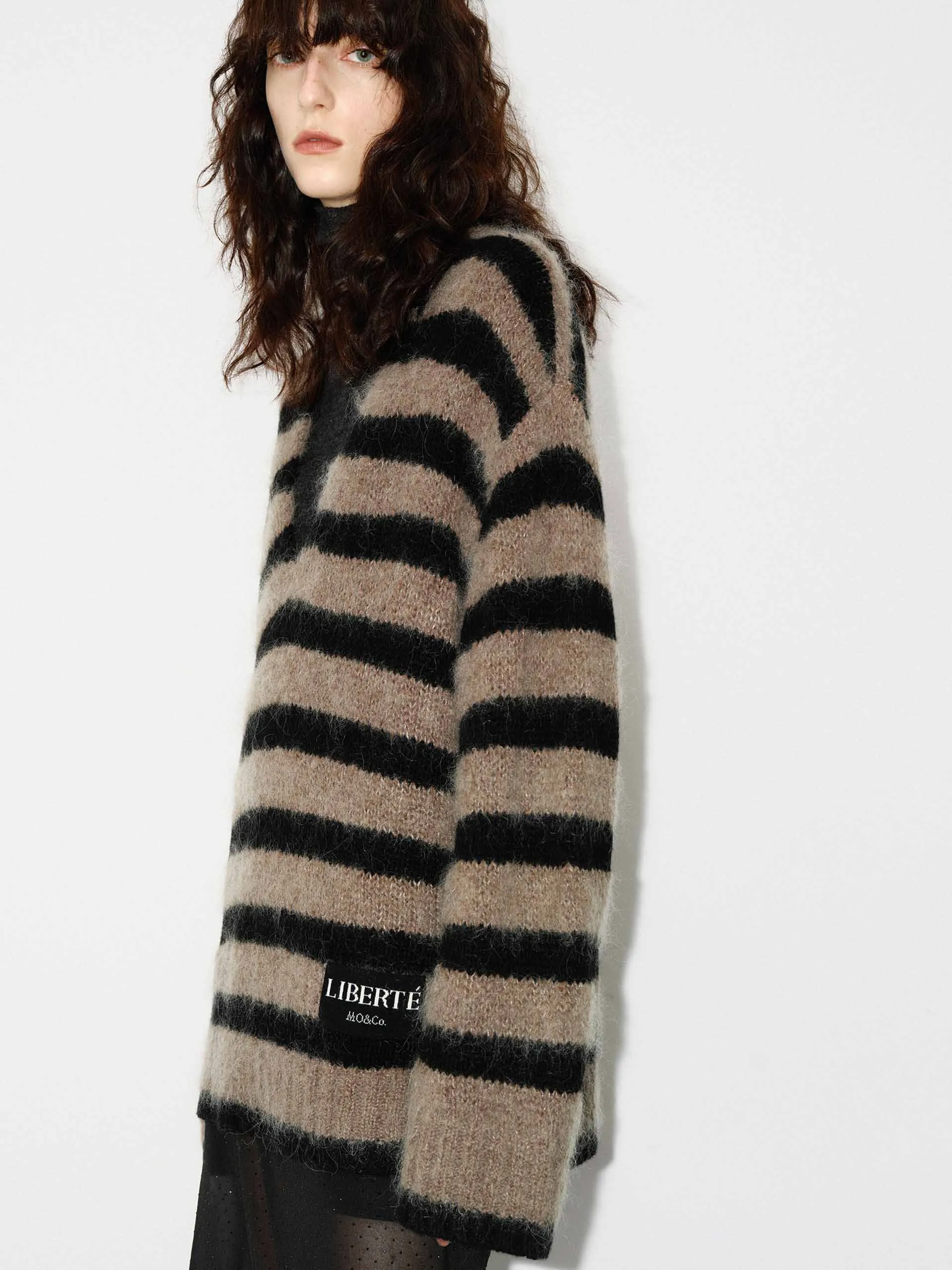 Striped V-neck Fluffy Sweater