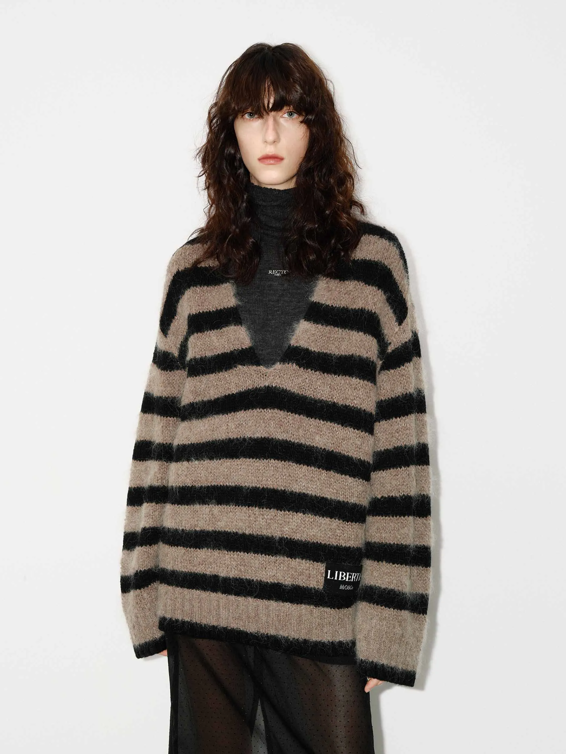 Striped V-neck Fluffy Sweater