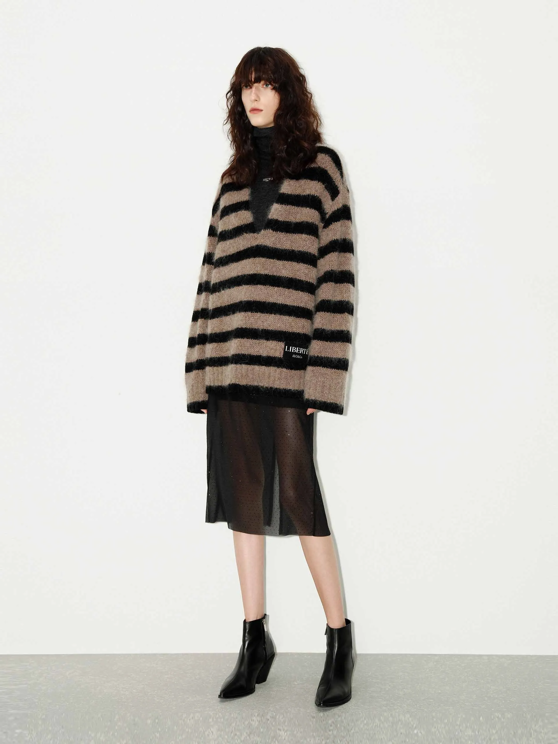 Striped V-neck Fluffy Sweater