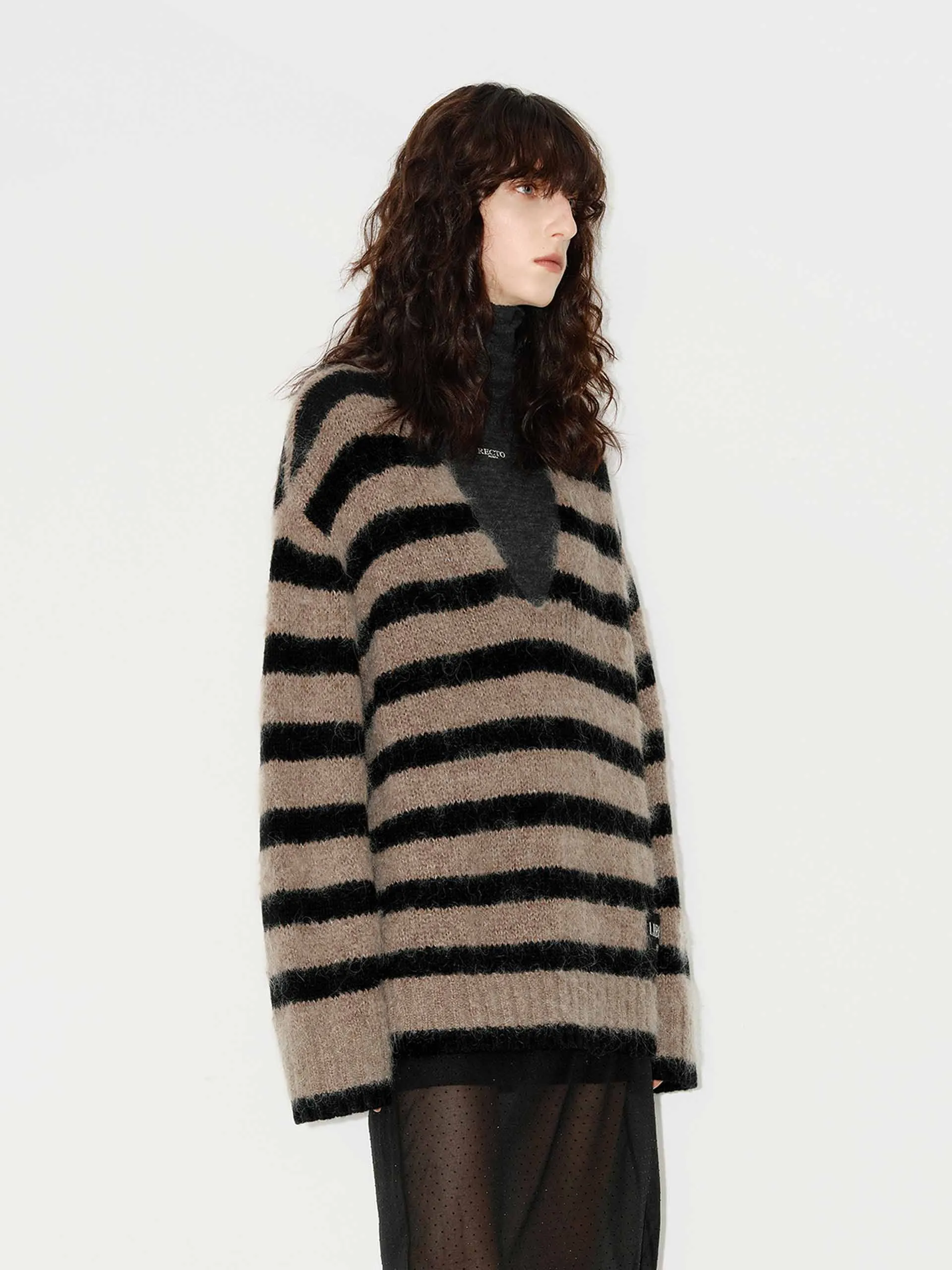 Striped V-neck Fluffy Sweater