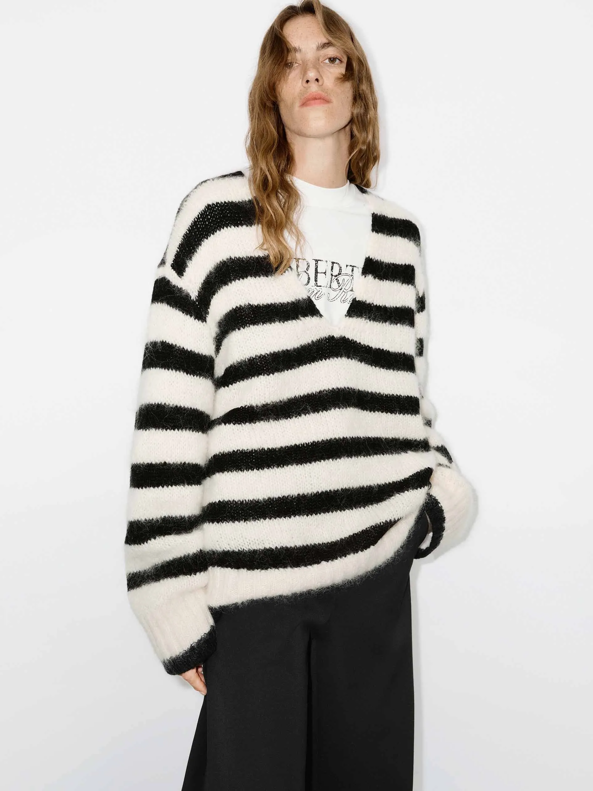 Striped V-neck Fluffy Sweater