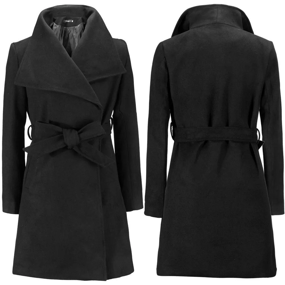 Turn-down Collar Mid-length New Wool Coat With Belt on