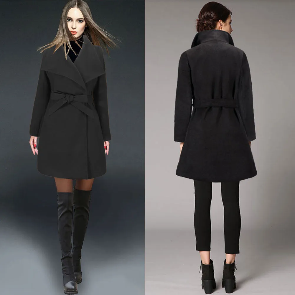 Turn-down Collar Mid-length New Wool Coat With Belt on