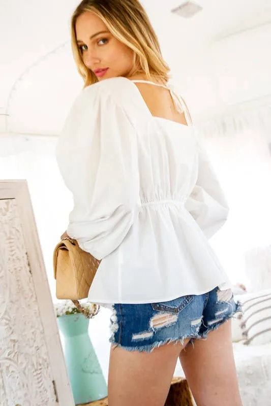 Valerie V-Neckline Square back With Spaghetti-Tied Blouse Top: Off White or Taupe