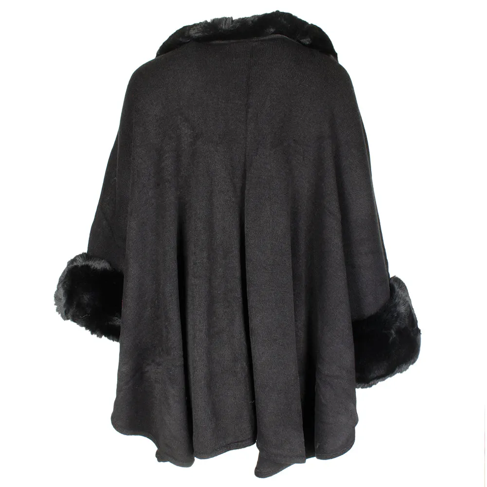 Very Moda Women's Faux Fur Neck and Sleeve Knitted Cape No Size