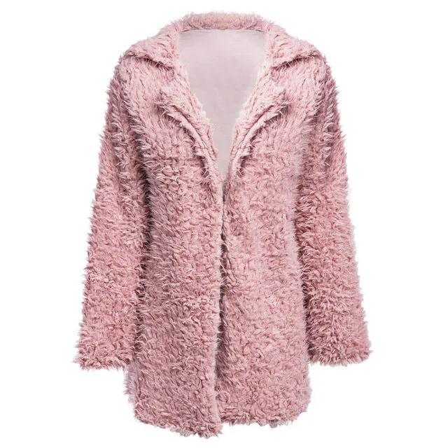 VESTLINDA Winter Grey Wool Overcoat Warm Outerwear Women Pink Faux Fur Coat Turn Down Collar Long Sleeve Cardigan Female Outwear