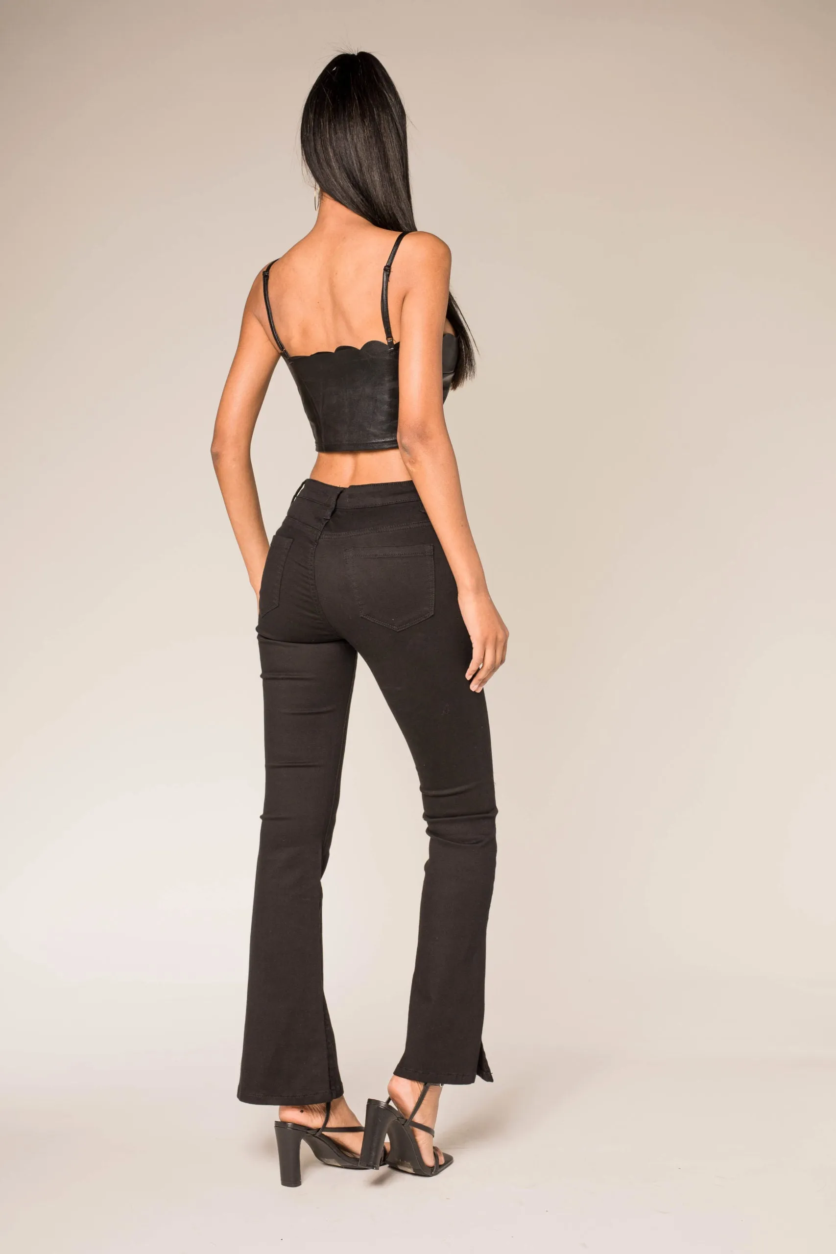 Wholesale Black High Waist Flared Jeans with Slit at The Bottom of The Leg