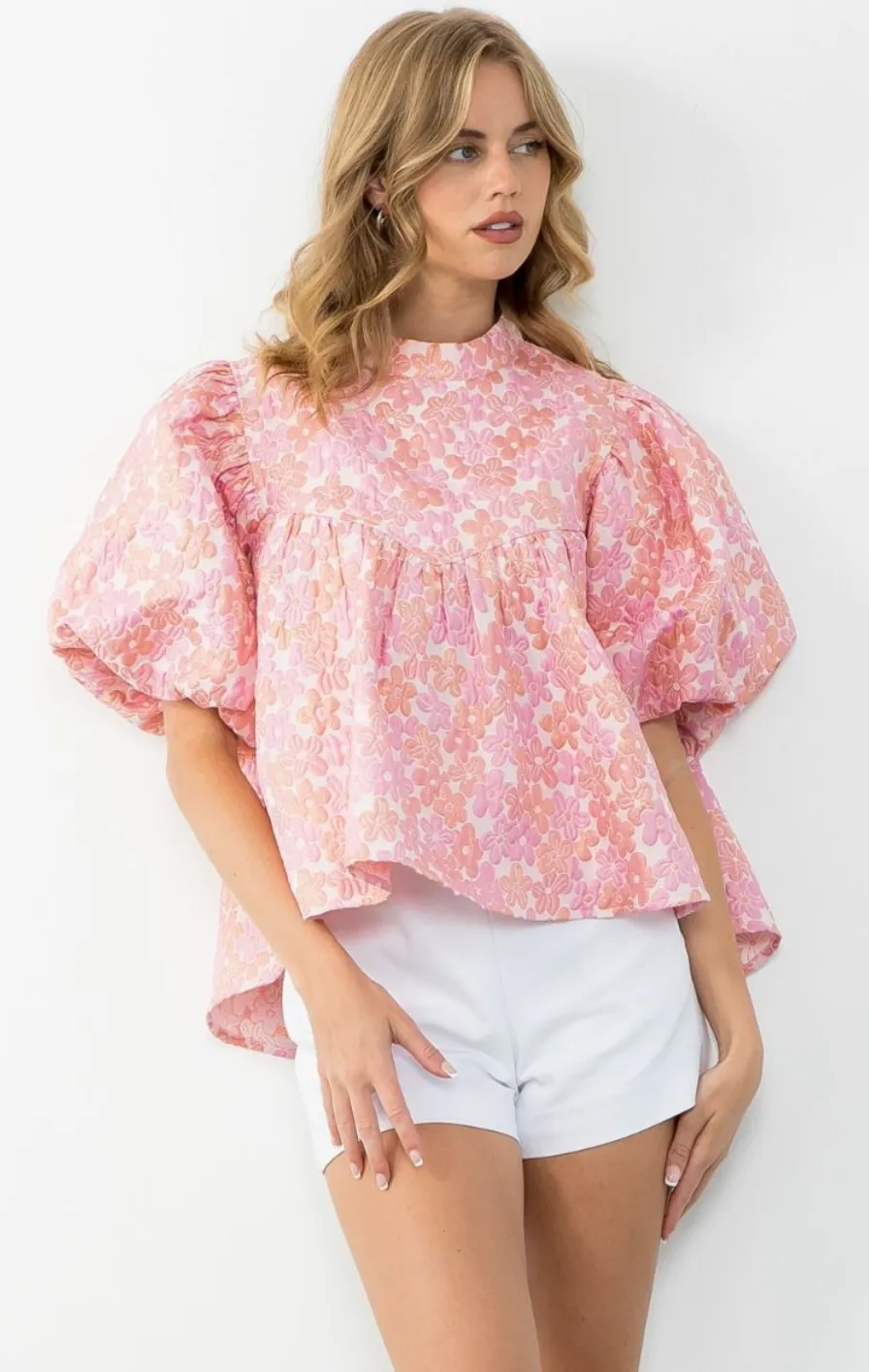 Willow Puff Sleeve Flower Textured Top