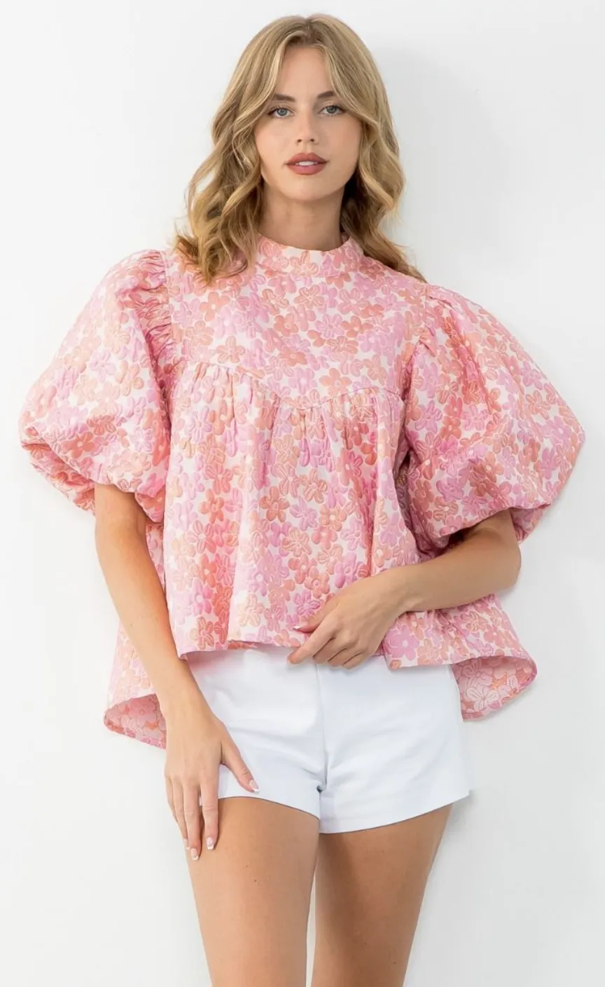 Willow Puff Sleeve Flower Textured Top